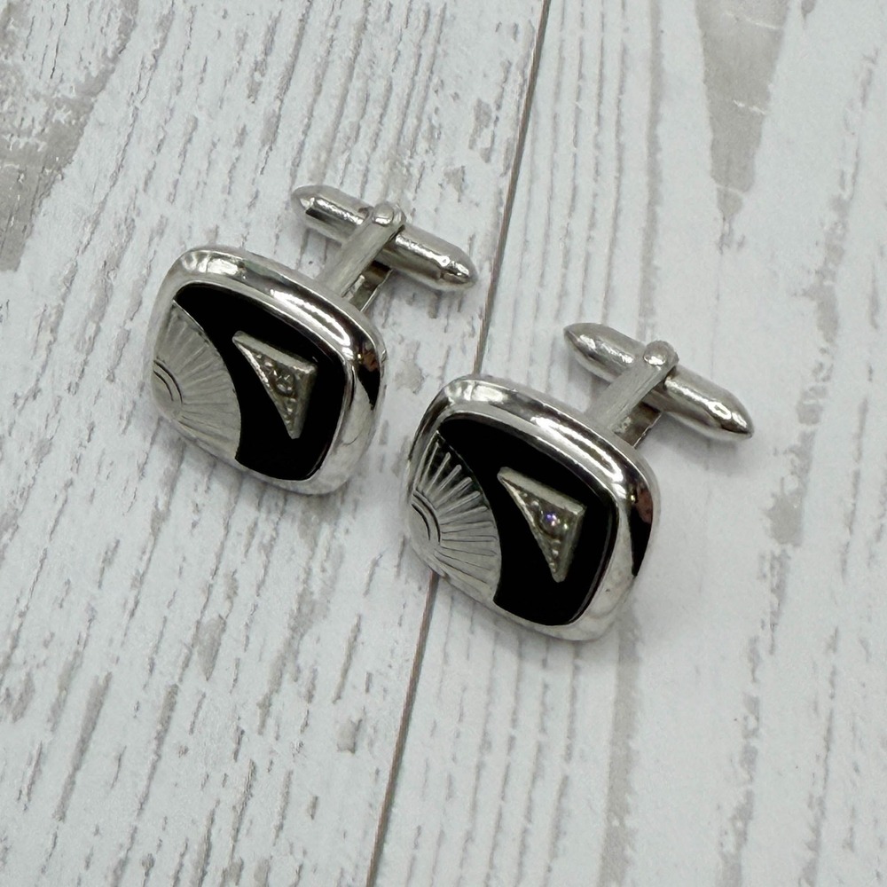 Cavalier Art Deco Style Black Enamel Sunburst Silver Tone Cufflinks